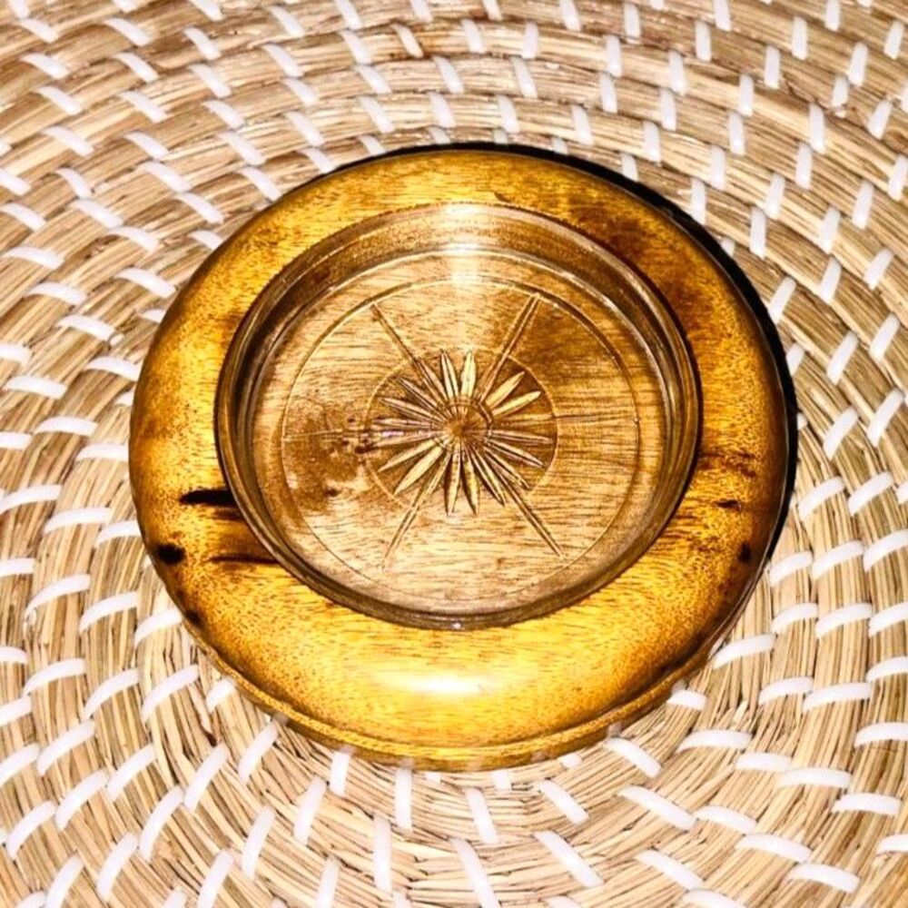 Oregon Myrtle Wood Trinket Candy Nut Dish Coaster Glass O.J. Ward Vintage